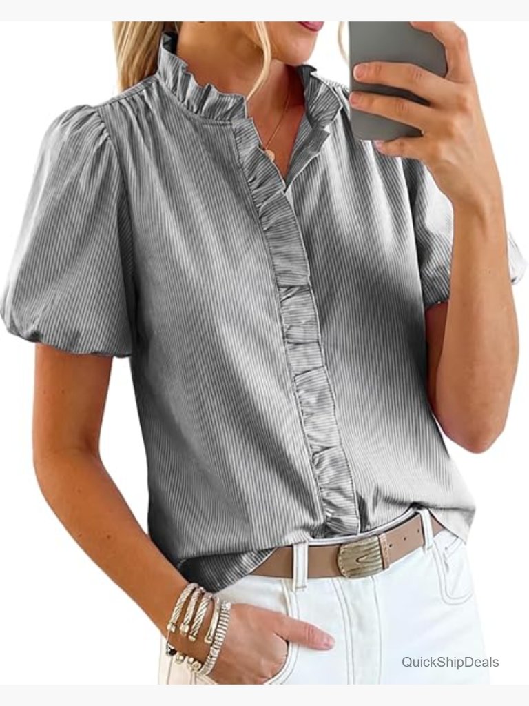 Women's Short Puff Sleeve Button Down Blouse Ruffle Stand Collar Cotton Blend